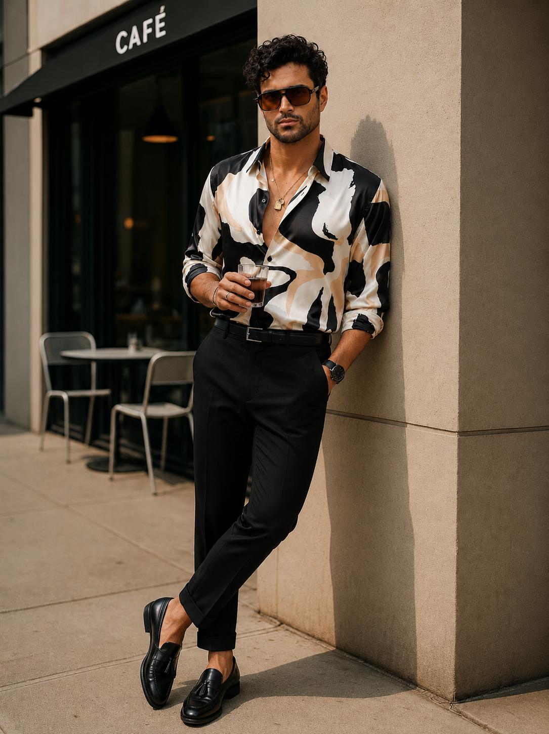 Men’s Premium Abstract Print soft cotton Shirt – Black & Beige Slim Fit Party Wear Shirt