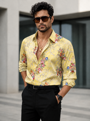 Men's Yellow Floral Printed Pure Cotton Casual Shirt