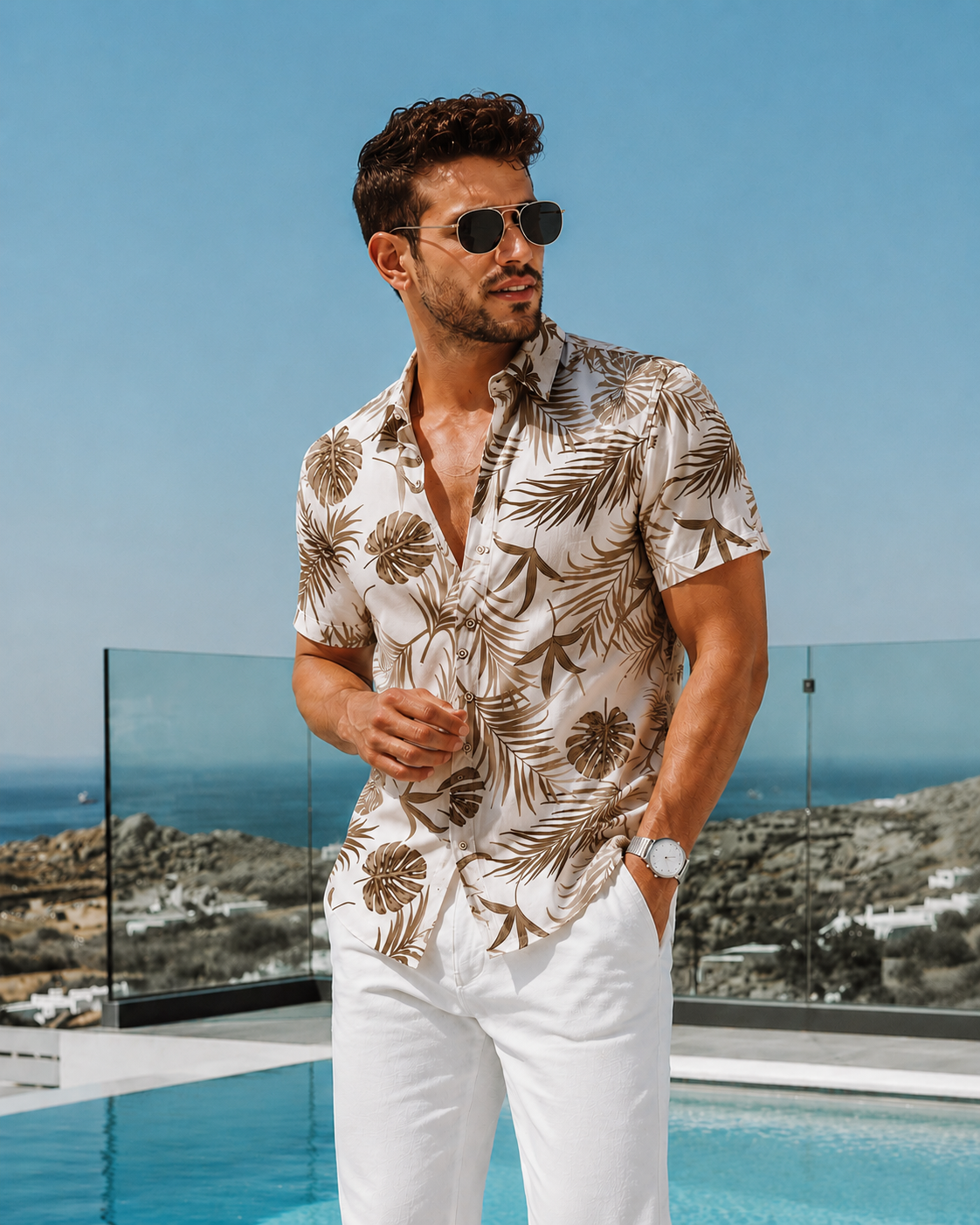 Men’s Premium Tropical Leaf Print Half Sleeve Shirt – Summer Beach Wear
