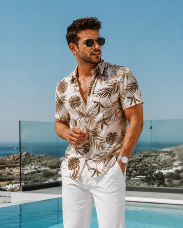 Men’s Premium Tropical Leaf Print Half Sleeve Shirt – Summer Beach Wear