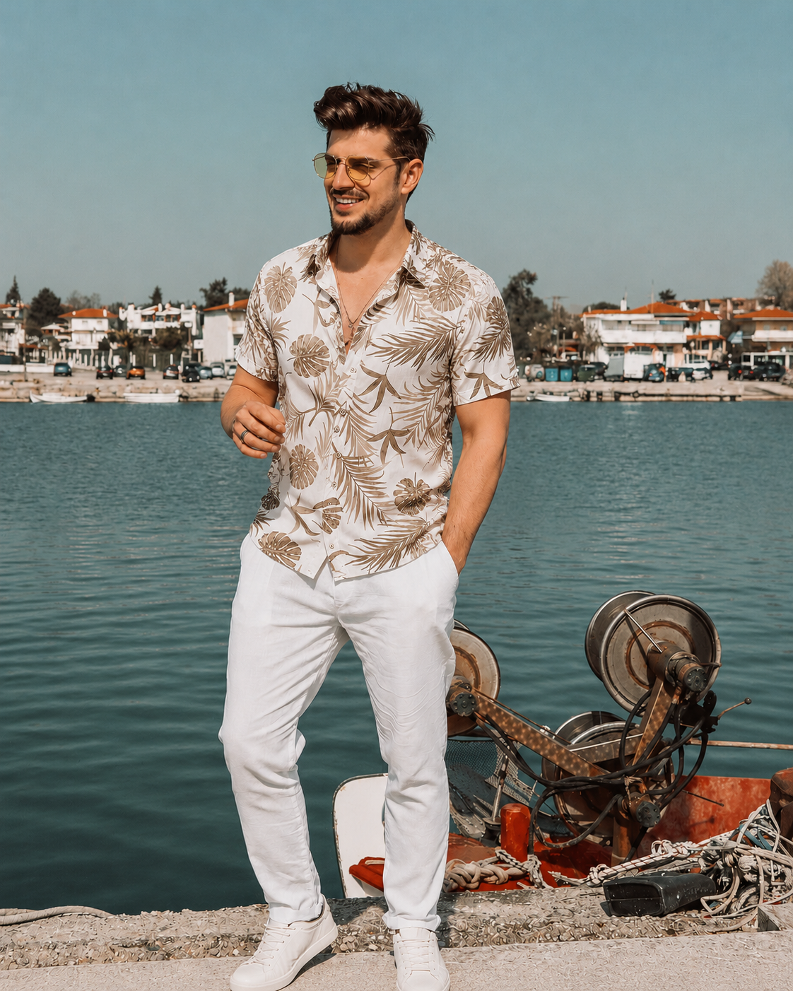 Men’s Premium Tropical Leaf Print Half Sleeve Shirt – Summer Beach Wear
