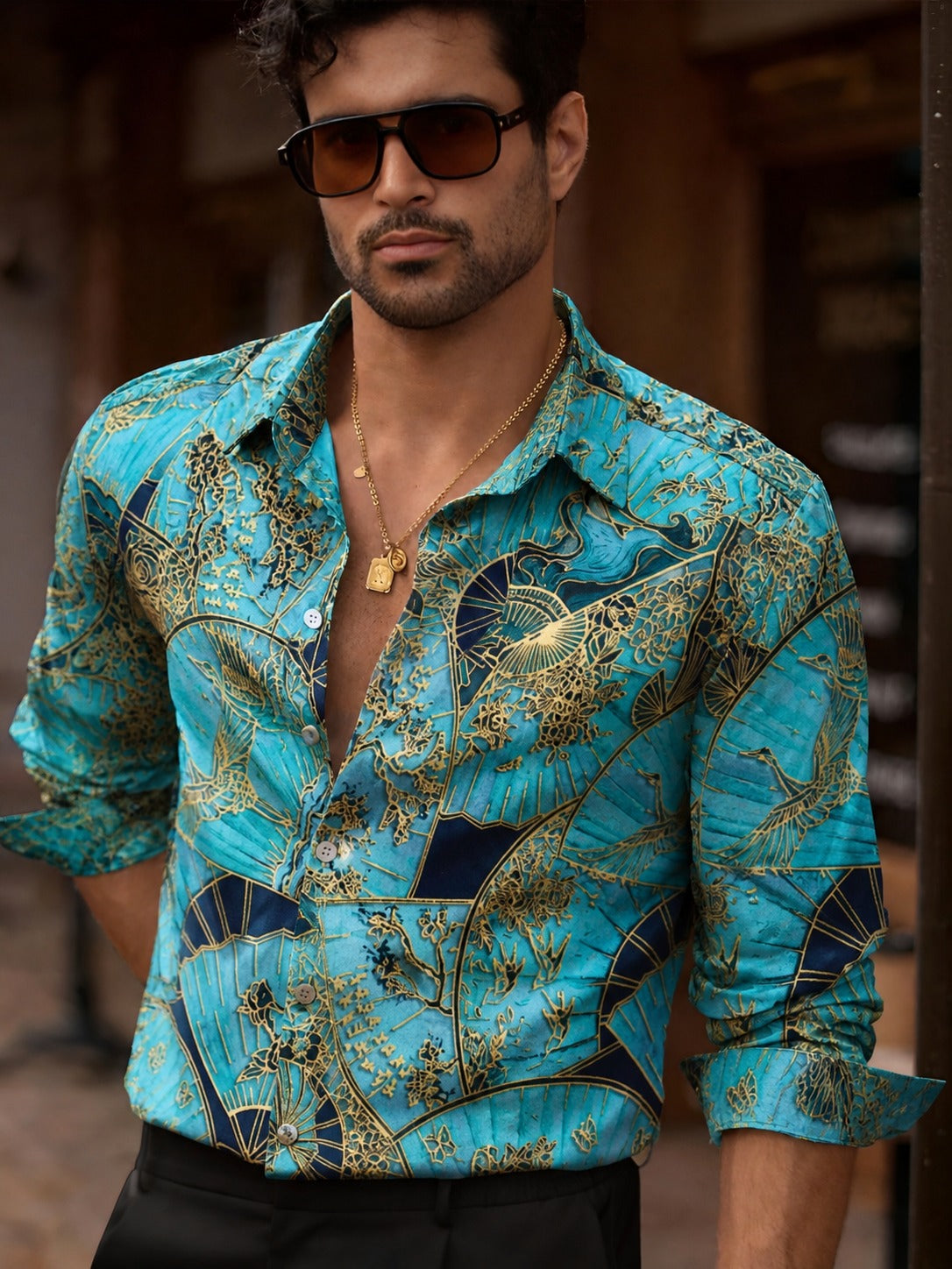 Turquoise Printed Full Sleeve Shirt for Men