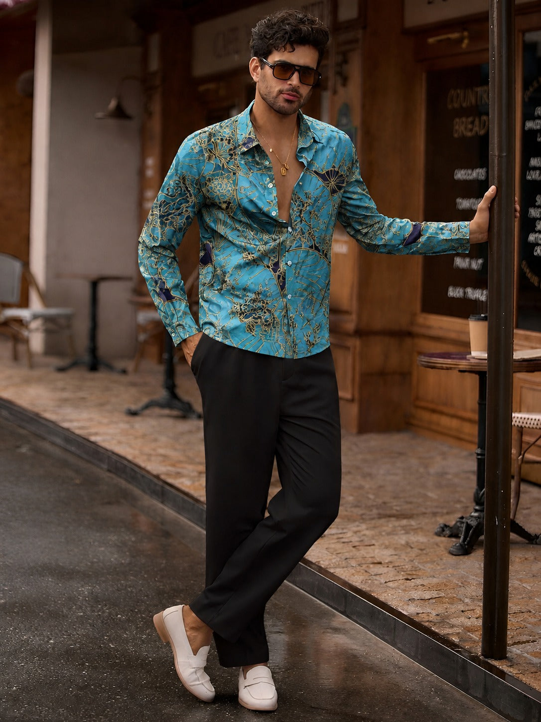 Turquoise Printed Full Sleeve Shirt for Men