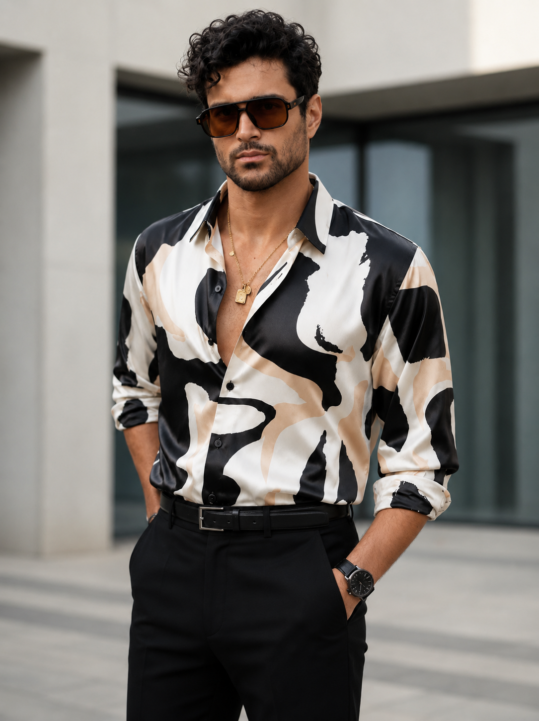 Men’s Premium Abstract Print soft cotton Shirt – Black & Beige Slim Fit Party Wear Shirt