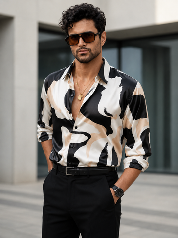 Men’s Premium Abstract Print soft cotton Shirt – Black & Beige Slim Fit Party Wear Shirt
